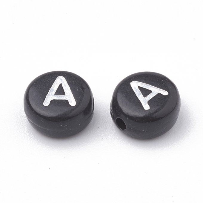 Perle alphabet en acrylique opaque  rond plat  blanc /noir lettre A
