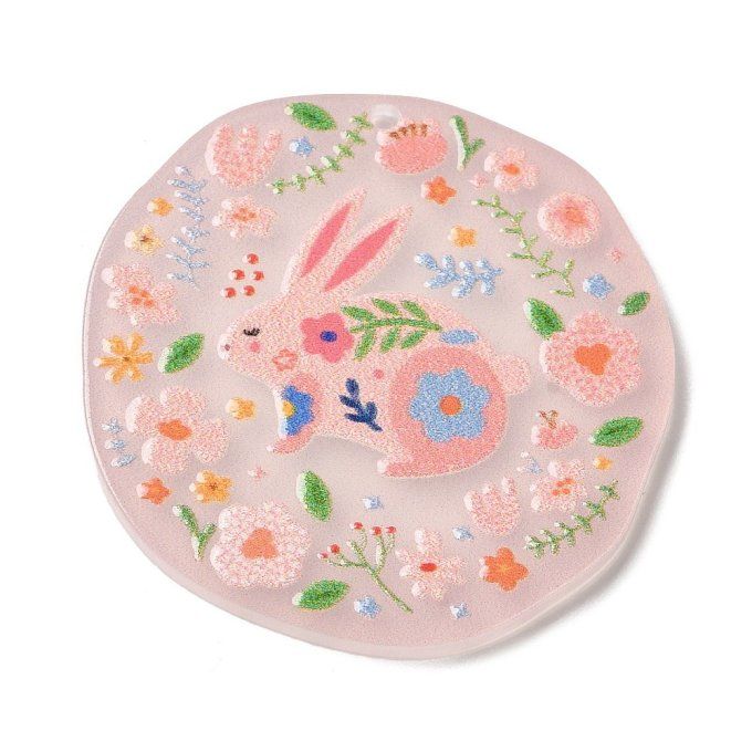 Pendentif en acrylique , rond  36.5x26.5x2.5mm , imprimé lapin