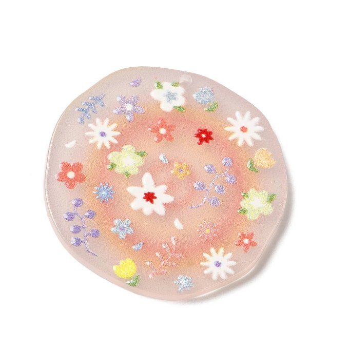 Pendentif en acrylique , rond  36.5x26.5x2.5mm , imprimé fleurs