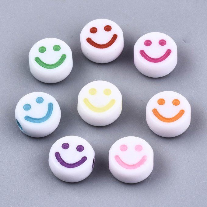 Perles en acrylique opaque,mélange de couleurs  ,forme rond-plat  ,visage souriant  (50g) A20  