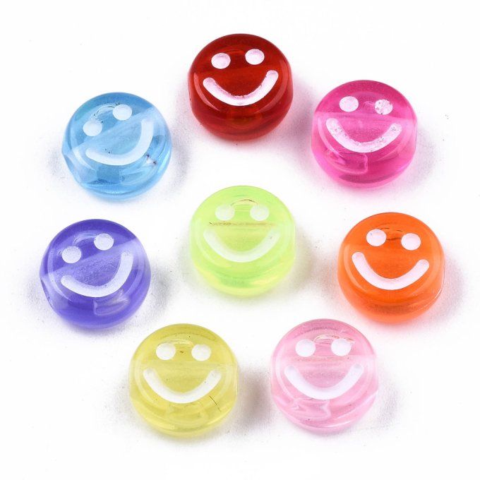 Perles en acrylique transparent,mélange de couleurs  ,forme rond-plat  ,visage souriant  (50g) A19 