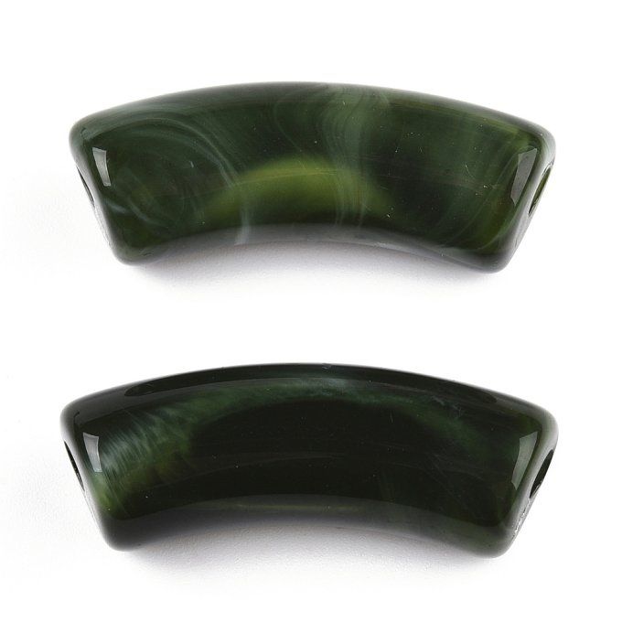 Perle acrylique opaque bicolore en forme de tube incurvé  34.5x13x11mm  couleur verte